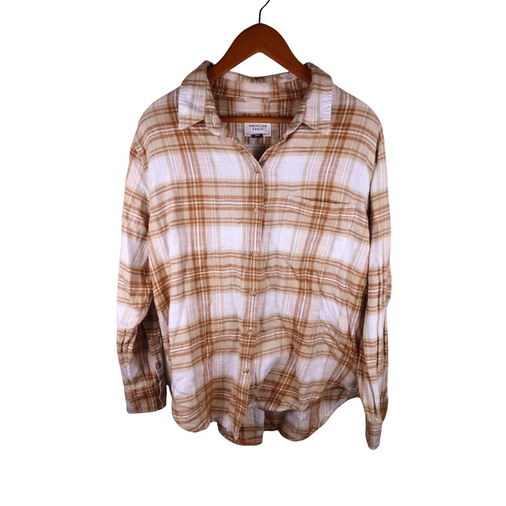 American Eagle Plaid Flannel Shirt Tan Brown White Button Up Size Medium